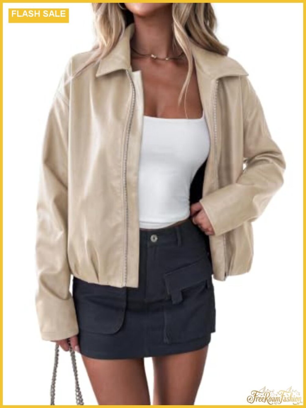 Faux Leather Motorcycle Jacket Cropped Zip Up Collared Coat